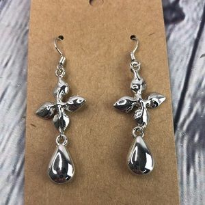 5/$25 Artsy silver tone cross dangle statement shiny earrings